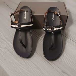 Nautica Navy Blue and White T-Strap Sandals with Ring Accent